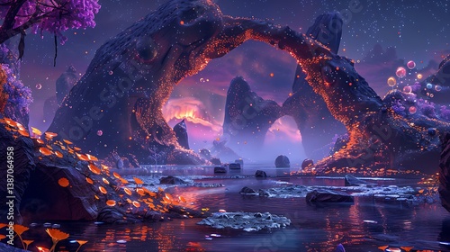 A surreal alien landscape with glowing rock arches and luminescent flowers.