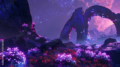 A surreal alien landscape with glowing rock arches and luminescent flowers.