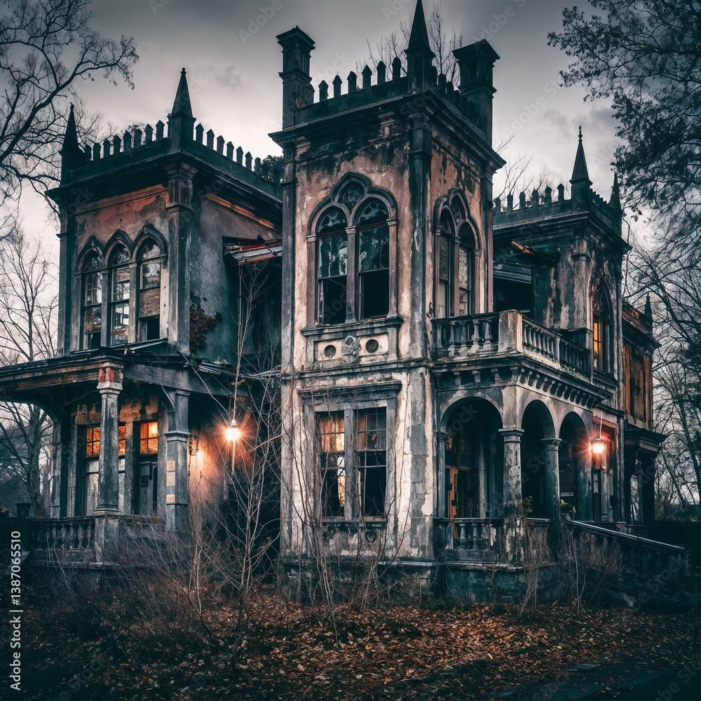 Fototapeta premium Abandoned Victorian mansion shrouded in twilight gloom