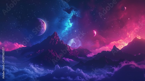 A surreal alien night sky with multiple moons and distant, colorful nebulae.