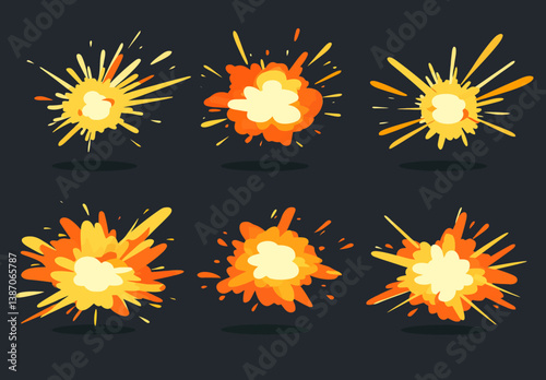 Cartoon fire explosion animation for mobile and flash games, featuring an 8-frame sprite sheet on a dark background