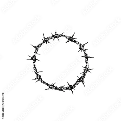 A barbed wire graphic sign is presented, featuring a circular frame made from barbed wire, symbolizing a lack of freedom, in a vector illustration format