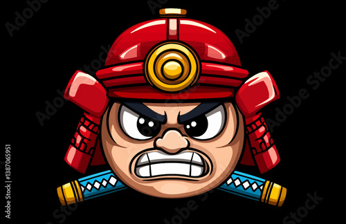 A Japanese ronin is depicted as a samurai warrior with a katana sword and a traditional samurai mask in a vector illustration