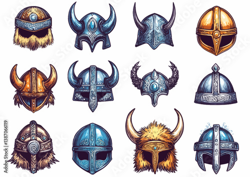A vector icon set, Volume featuring a cartoon metal Viking warrior helmet adorned with horns, fur, and runes, isolated on a white background