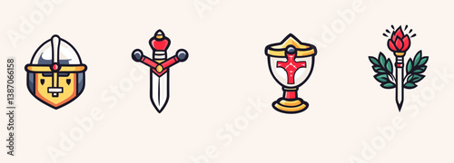 The medieval old school tattoo collection features a warrior crusader, a sacred holy grail, an ancient castle, occult hands, an all-seeing eye, a sword, and arrows in a middle age art style