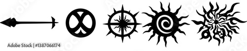 Vector set of ancient Native American symbols, including those for war, happiness, sun, homecoming, and hand, created in black ink handwriting style