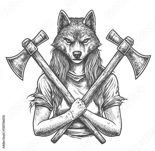 Vector illustration of a Valkyrie, a female warrior from Scandinavian mythology, wearing a wolf helmet, isolated on a white background, in Viking design style