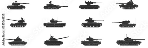 A large collection of vector silhouettes featuring tank war army figures is set against a white background