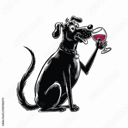 Cute Dog cartoon style. A watercolor illustration of a vintage sketch drawing of a black Dog drinking a glass of wine.