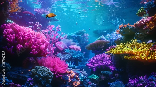 A vibrant alien coral reef with colorful, glowing corals and exotic sea creatures.