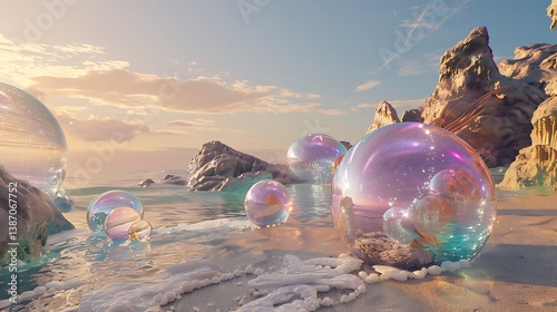 An alien beach with crystal-clear water and bizarre, iridescent shells.