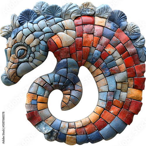 A Roman mosaic fragment depicting a mythical sea creature, created with tiny colored stones, isolated on a white background.