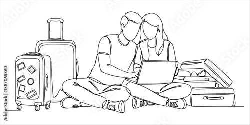 A traveling couple sits comfortably on the floor at home, surrounded by their suitcases as they browse online. With a laptop open, they carefully book their tickets, making final preparations