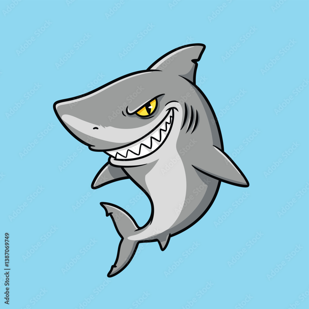 Fototapeta premium Cartoon Shark with Evil Grin on Blue Background - Vector Illustration