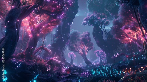 An alien jungle with towering, iridescent trees and strange, bioluminescent creatures.