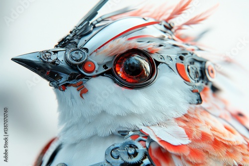 animal in robot, Bird with iron body and head, gear head, lines, bright colors, flowing smooth lines, soft and elegant style, promotional poster, high-tech soothing atmosphere