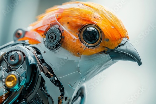 animal in robot, Bird with iron body and head, gear head, lines, bright colors, flowing smooth lines, soft and elegant style, promotional poster, high-tech soothing atmosphere