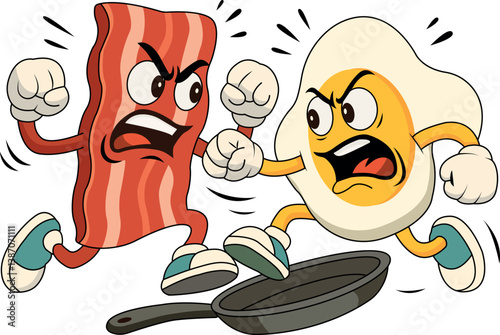 Funny cartoon illustration of a fight between anthropomorphic bacon and egg characters. Both look angry and are punching each other while standing on a frying pan.