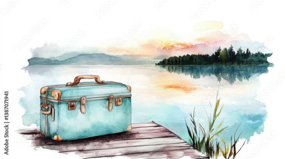A serene watercolor scene featuring a vintage suitcase on a dock by a tranquil lake at sunset, surrounded by lush greenery and distant mountains.