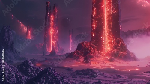 An alien plateau with glowing rock pillars and mysterious energy fields.
