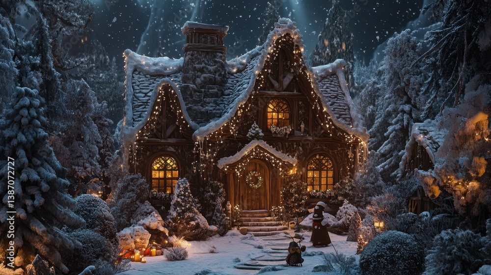 Fototapeta premium Magical Snow Covered Christmas Cottage at Night