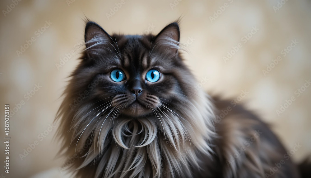A long-haired cat with striking blue eyes sits gracefully, showcasing its luxurious fur and captivating gaze A long-haired cat with striking blue eyes sits gracefully, showcasing its luxurious fur and captivating gaze