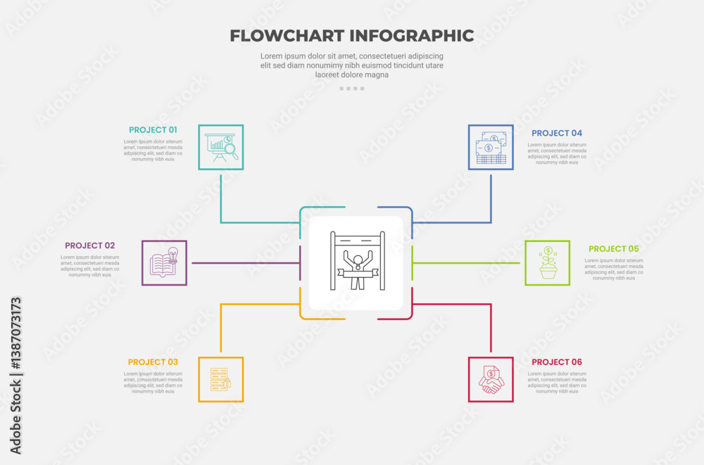 flowchart infographic outline style with 6 point template with square box with symmetric balance spreading position for slide presentation