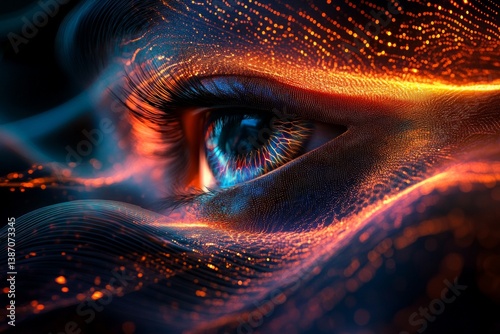 high-tech eye shape, lines, bright colors, flowing smooth lines, soft and elegant style, promotional poster, high-tech calming atmosphere, black background, high-tech elements