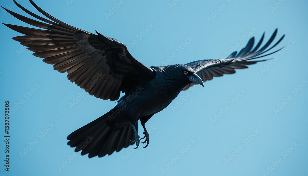 Obraz premium A black crow soaring through a clear blue sky, wings outstretched against the vibrant backdrop