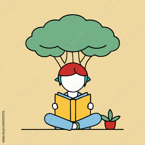 Student reading a book under a tree