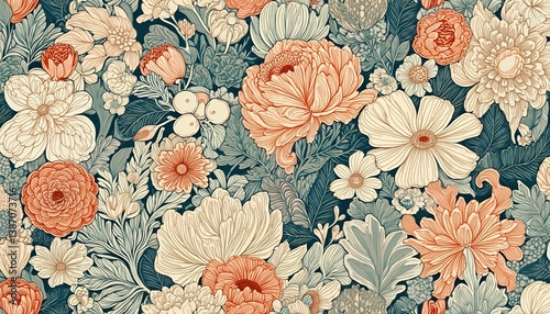 vintage floral pattern with pink and blue flowers on navy background