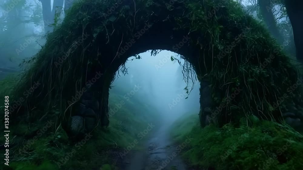 Mysterious archway shrouded in mist and lush greenery, concept for fantasy game design, fairytale illustration, and mystical adventure backgrounds Mysterious archway shrouded in mist and lush greenery, concept for fantasy game design, fairytale illustration, and mystical adventure backgrounds