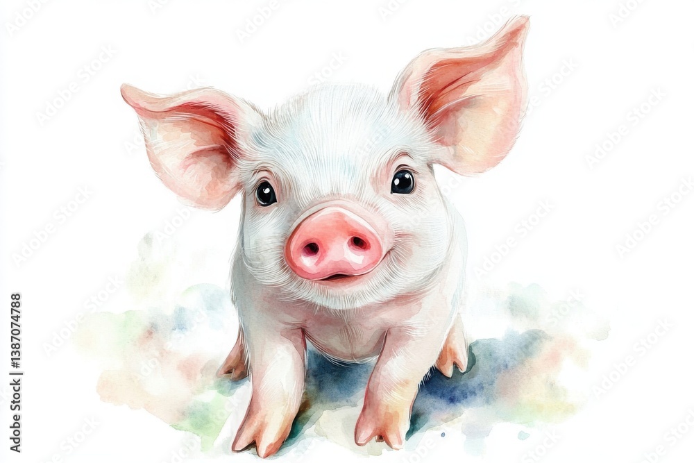 A cute, illustrated piglet with large ears and a snout, depicted in soft watercolor style against a light background.