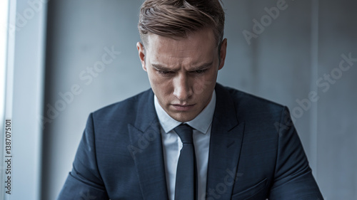 Serious businessman in a suit, focused and professional, embodying confidence and leadership in a modern workplace.