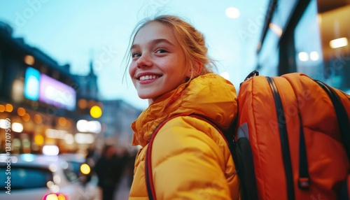 Smiling teen girl with backpack city street view at dusk; travel or college campus