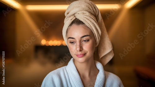 Young woman with serene expression, wrapped in spa towel, exuding calm and relaxation.