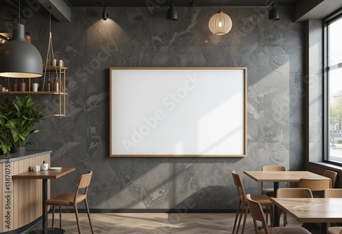 Fototapeta Naklejka Na Ścianę i Meble -  White Blank poster mockup on modern textured wall in stylish cafe interior. mock up frame, 3D Rendering