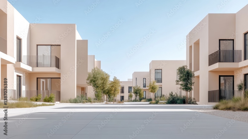 Modern beige residential buildings arranged in a courtyard style, with landscaping and a paved walkway