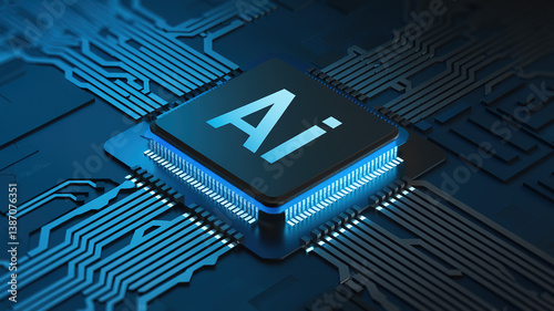 AI Chip Close-up: A detailed view of a central processing unit (CPU) chip labeled 