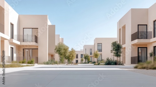 Obraz na płótnie Modern beige residential buildings arranged in a courtyard style, with landscaping and a paved walkway w salonie