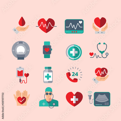 Medical and hospital icon collection illustrate with red, green 3D cartoon style for multimedia design. Flat vector isolated on background.