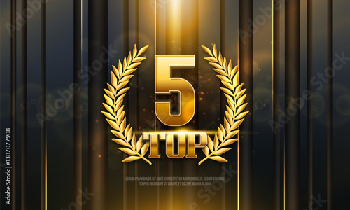 Top 5 award poster. Presentation 5 best with golden laurel wreath and bokeh effect. Vector illustration.