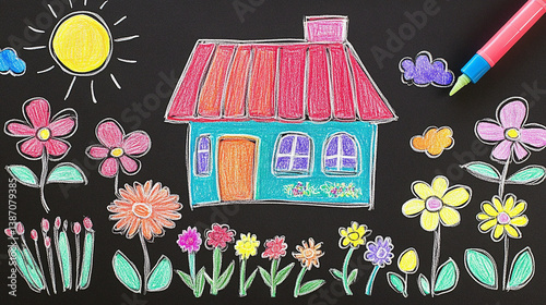 Child's drawing of a house with a garden