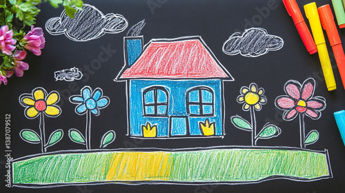 Child's drawing of a house with a garden