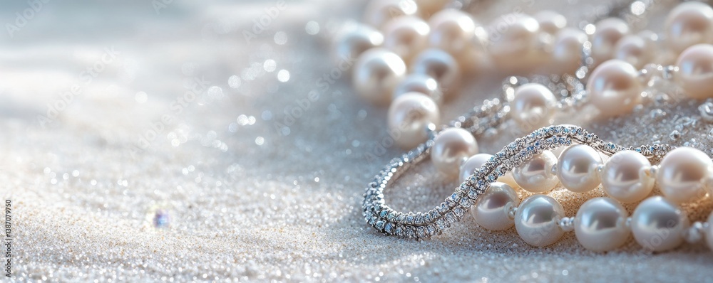 Elegant Pearl Necklace on Glittering Surface Elegant Pearl Necklace on Glittering Surface
