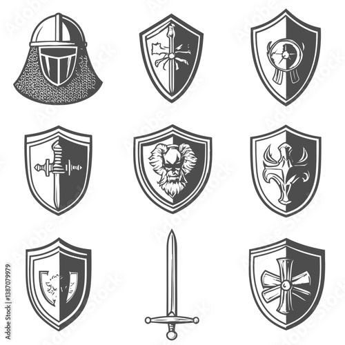 Isolated on a white background is a set of helmets belonging to knights, and a knight's sword