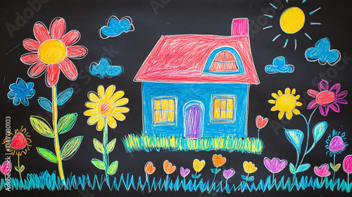 Child's drawing of a house with a garden