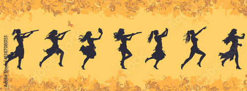 Ancient Greek scene with silhouettes of mythological gods and centaurs, along with other figures and patterns commonly used to decorate ancient amphorae, in a vector art style