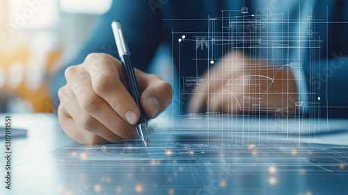 Architect utilizing digital pen and interactive screen, blending traditional drafting techniques with cutting edge technology for innovative architectural visualization