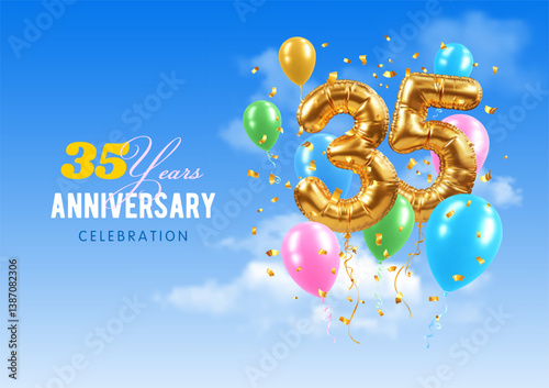 35th Anniversary or birthday celebration. Number 35 in the form of golden balloon. 3D realistic golden digit, confetti, blue sky background. Template for jubilee, gala event. Vector illustration